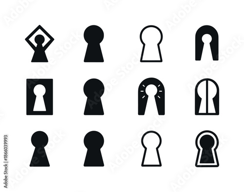 Harmonious Logo Variations. Reality. Icon set. Set Logo of Reality: keyhole portal. harmonious logo variations of the same emblematic concept, each with