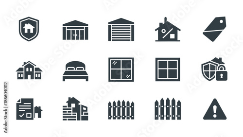 Real estate and property icons collection featuring home, protection, insurance, and risk elements