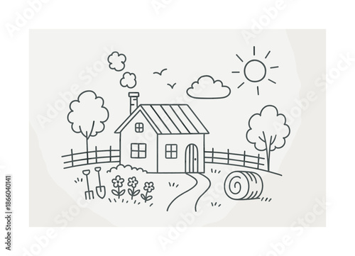 Charming Country Home. Country home. Hand-drawn doodle illustration Country home farmhouse, chimney smoke, trees, fence, sun, clouds, flower patch, garden