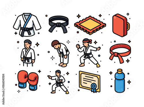 Karate Training Icons. Karate training. Colorful isometric vector icons set of karate training: gi uniform, black belt, dojo floor, punching pad, instructor,