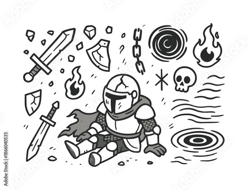 Fallen Knight Illustration. Fallen knight. Hand-drawn doodle illustration fallen knight cracked helmet, broken sword, shield fragment, chains, floating rocks,
