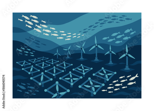 Geometric Tidal Farm. Tidal farm overview. Multiple turbine arrays form a geometric pattern on the seafloor, schools of fish weaving between structures. Nature