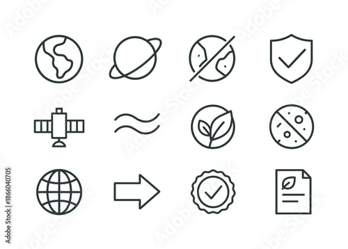 Space Protection Icons. Space environment protection. Line icon set of space environment protection: earth icon, orbital ring, clean orbit symbol, protection