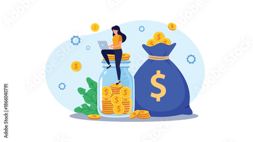 Woman using laptop while sitting on glass jar filled with gold coins next to a large money bag representing online business and savings growth.