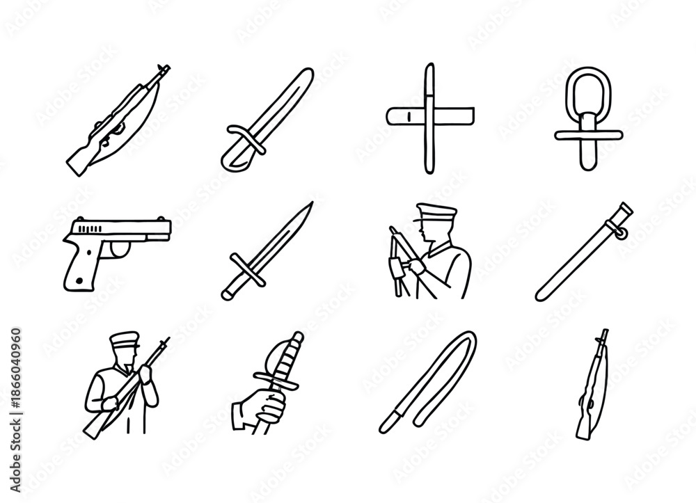 Obraz premium Ceremonial Weapon Icons. Ceremonial weapons. Line icon set of Ceremonial weapons: ceremonial rifle, saber icon, bayonet detail, rifle sling, chrome pistol,