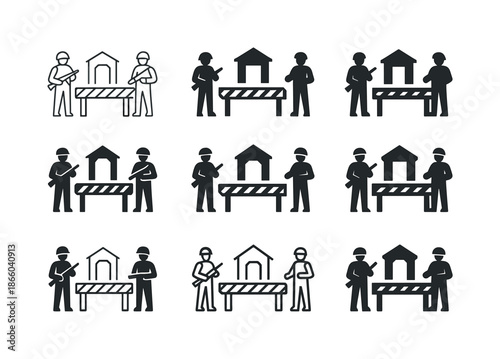 Military Checkpoint Icons. A military checkpoint with soldiers keeping watch. Icon set. Set Logo of Military checkpoint: barricade gate. harmonious logo