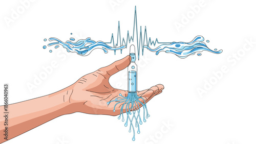 Artistic concept of a hand holding a glass medical vial with roots growing from it under abstract water waves and sound frequency lines.
