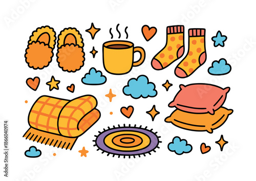 Cozy Indoor Icons. Warm Indoor Comfort. Colorful Hand-drawn doodle Children illustration fuzzy slippers, cozy socks, warm mug, blanket, pillows, stars, hearts,