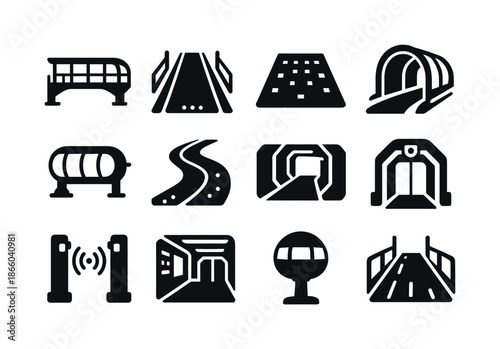 Futuristic Walkway Icons. Futuristic walkways. Solid icon set of Futuristic walkways: sleek skybridge, neon path, digital floor, curved passage, suspended