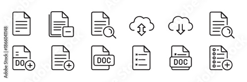 Document and cloud storage vector icons set, collection of outline editable stroke symbols for web and mobile apps