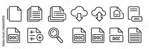 Document and cloud storage vector icons set, collection of outline editable stroke symbols for web and mobile apps