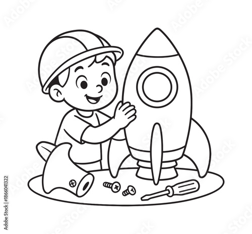 Rocket Assembly Fun. Rocket engineer children?s coloring book illustration, outlined drawing, smiling child assembling parts of a cartoon rocket, educational