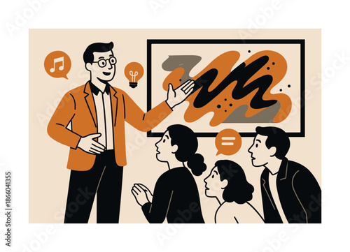 Curator's Insight Tour. Curator?s tour. A curator gestures toward a large abstract painting, icons of notes and ideas floating as guests lean in with interest.