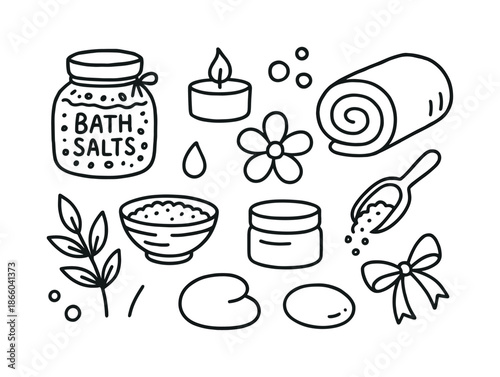 Spa Essentials Doodle. Spa essentials. Hand-drawn doodle illustration spa essentials bath salts jar, candle, flower, towel, bowl, scoop, leaf sprig, bubbles,