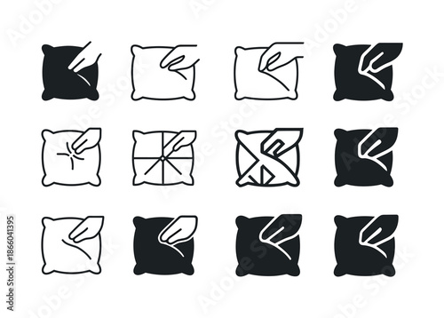 Fluffing Pillows Icons. Fluffing Pillows. Icon set. Set Logo of Fluffing Pillows: pillow corner being lifted by hand. harmonious logo variations of the same