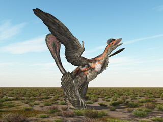 Poster Dinosaurus Microraptor in prehistorisch landschap  © Michael Rosskothen