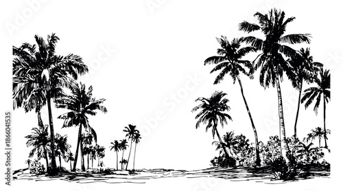 Hand drawn line art palm tree set featuring tropical beach trees for summer vacation