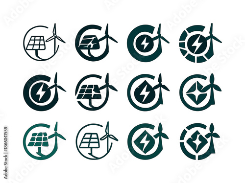 Smart Energy Logos. Smart energy grids. Icon set. Set Logo of Smart energy grids: renewable energy loop. harmonious logo variations of the same emblematic