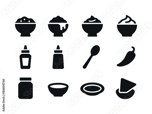 Black Sauce Icons. Dips and Sauces. Solid icon set of dips and sauces: salsa bowl, guacamole, cheese dip, sour cream, ketchup, mustard, spoon, chili pepper,