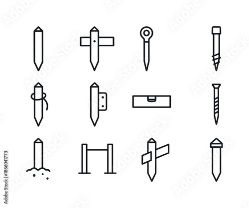 Fence Stake Icons. Fence stake. Line icon set of fence stake: fence post, wooden rail, metal post, ground anchor, rope tie, panel bracket, level tool, screw,