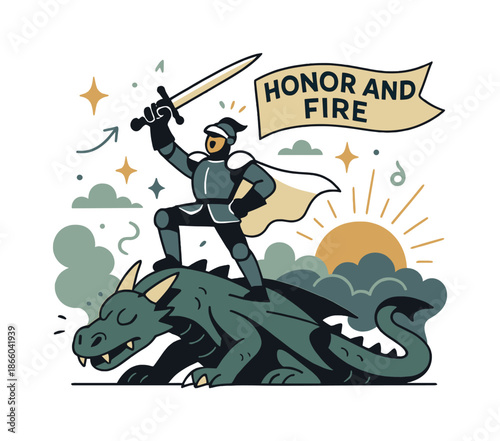 Knight's Triumphant Victory. Knight?s victory. A triumphant knight stands atop a vanquished dragon, sword raised as sunrise cuts through the smoky mist. A