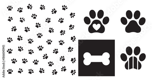 Dog paw prints pattern set with bone silhouette and heart shape animal footprint icons for pet lover designs element