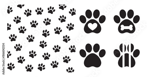 Dog paw print heart bone icon logo seamless pattern pet vector puppy cat kitten foot trail silhouette