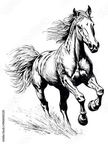 Hand drawn line art illustration of a horse depicting a powerful gallop with a flowing mane and tail for equestrian designs