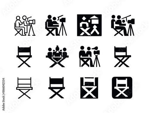 Film Set Logo Variations. Film set with director and crew. Icon set. Set Logo of Film set with director and crew: director?s chair. harmonious logo variations