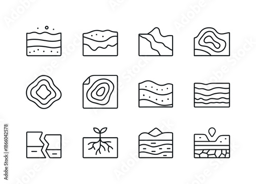 Geology Icon Set. Land. Line icon set of Land: soil layers, fertile ground, erosion symbol, topography lines, contour map, sediment icon, tectonic plate