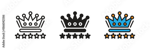 Premium crown icons with five stars, symbolizing luxury status, top-tier quality, VIP membership, and elite leadership in business ranking.