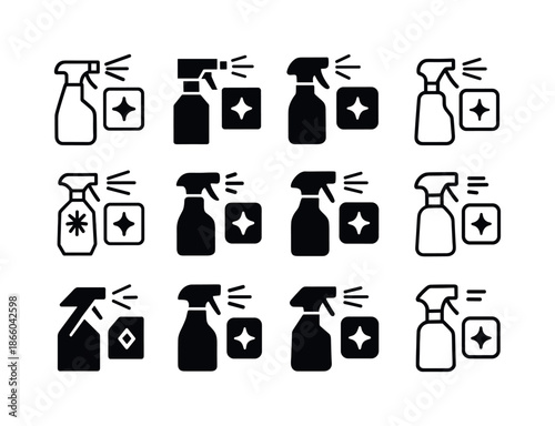 Workplace Hygiene Icons. Workplace hygiene standards. Icon set. Set Logo of Workplace hygiene standards: disinfectant spray. harmonious logo variations of the