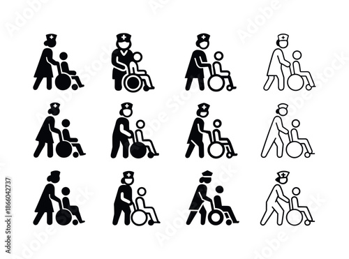 Nurse Care Icon Set. Nurses Caring for Patients in Hospitals. Icon set. Set Logo of Nurses Caring for Patients in Hospitals: nurse wheeling patient in hospital