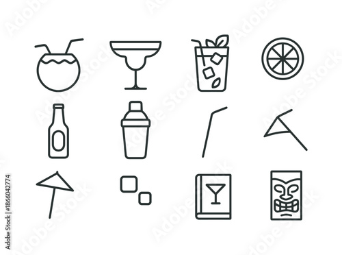 Beach Bar Icons. Beach bar drinks. Line icon set of Beach bar drinks: coconut drink, margarita glass, mojito glass, beer bottle, cocktail shaker, citrus slice,