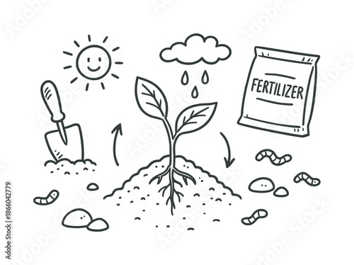 Plant Growth Doodle. Plant growth. Hand-drawn doodle illustration Plant growth soil mound, sprout, roots, sun, clouds, water drops, leaves, trowel, fertilizer