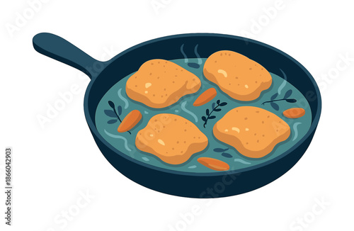 Braised Chicken Delight. Braised chicken thighs. Golden chicken thighs sit in a skillet with floating carrots and herbs, gentle motion waves showing simmering