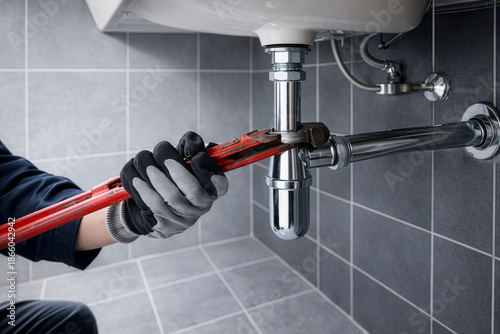 Plombier réparant un siphon sous un lavabo – intervention de maintenance sanitaire