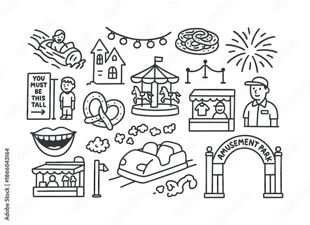 Naklejka premium Amusement Park Doodle. Amusement park. Hand-drawn doodle illustration Amusement park log flume, haunted house, light string, funnel cake, ride height sign,