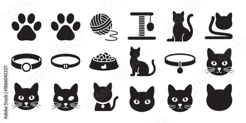 Collection of cat accessories and symbols including paws toys bowls collars and various feline silhouettes