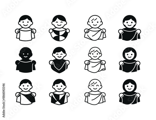 Eco-Friendly Kids Fashion Logos. No-Waste DIY Fashion Kids. Icon set. Set Logo of No-Waste DIY Fashion Kids: smiling child with fabric. harmonious logo