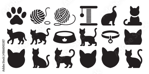 Assortment of cat icons showing diverse silhouettes toy accessories food bowls collars and profile face views