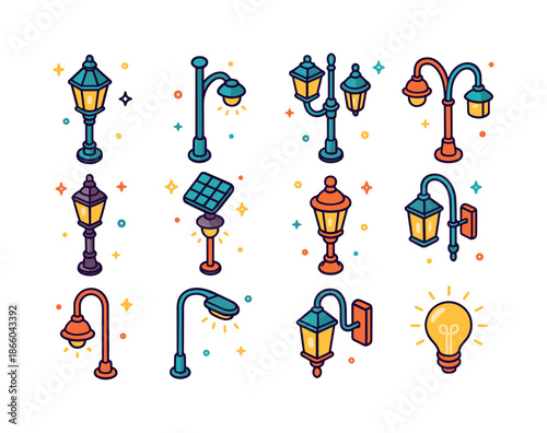 Colorful Lamp Icon Grid. Lamp post. Colorful isometric vector icons set of lamp post: classic street lamp, modern pole light, double-headed lamp, park lantern,