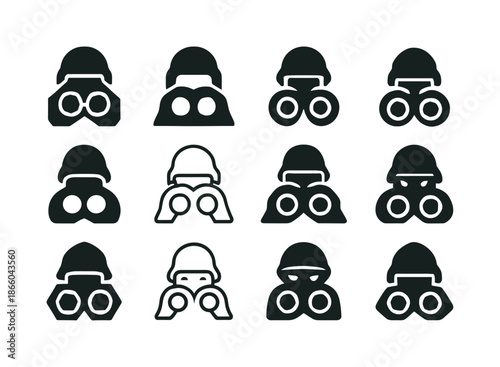 Enemy Soldiers Icons. Enemy soldiers hiding. Icon set. Set Logo of Enemy soldiers hiding: night vision mask symbol. harmonious logo variations of the same