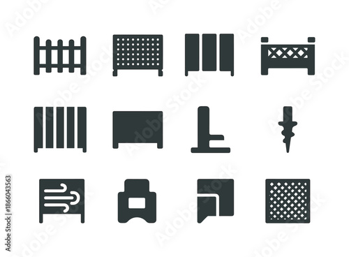 Acoustic Screen Icons. Outdoor acoustic screens. Solid icon set of outdoor acoustic screens: wooden fence, perforated metal screen, modular panel, garden