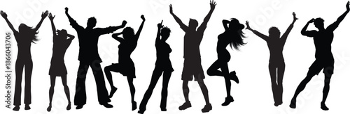 Vector illustration of a black silhouette of a woman and man dancing at a disco party with music and fun sports motion