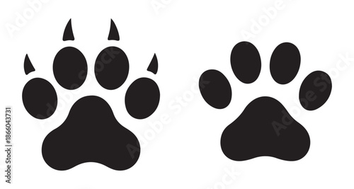 Comparison of animal paw prints representing domestic dog paw track with visible claws and feline paw track without claws isolated on white