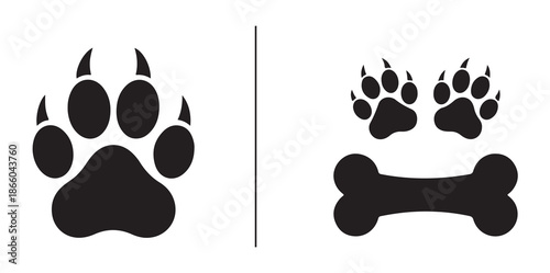 Dog themes vector design split image showing large canine paw print on left and small paw prints with bone icon on right isolated on white