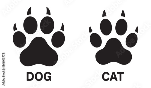 Dog and cat paw prints icons representing animal tracks or footsteps isolated on white background vector illustration