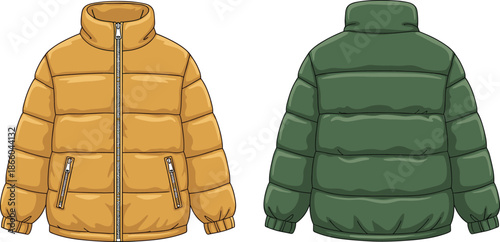 Mustard yellow and forest green puffer jackets front and back view, quilted winter outerwear, transparent background, fashion illustration