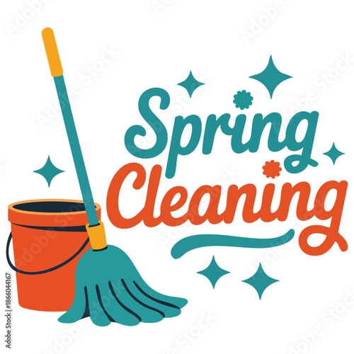 Bucket and mop spring cleaning concept cleaning instrument kit vector illustrations